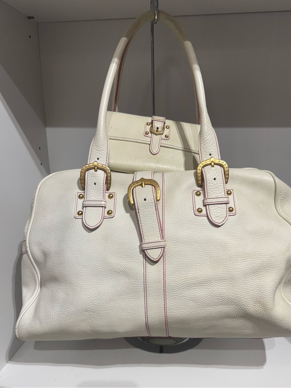 Dooney & Bourke Cream Leather Satchel with Gold Buckles and wallet set